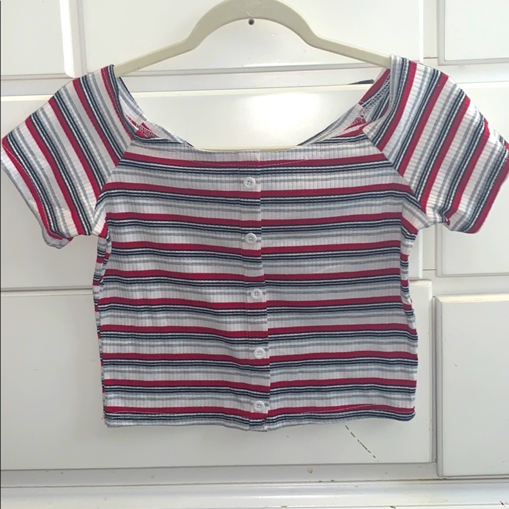 Red, white, grey, black striped crop top